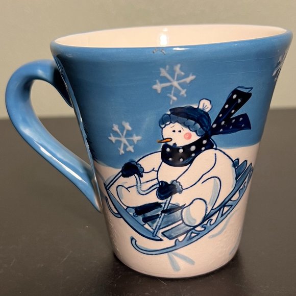 Set of 2 Hand Painted Snowman Sledding  Ceramic Mugs by NorthCrest Home - Picture 2 of 7